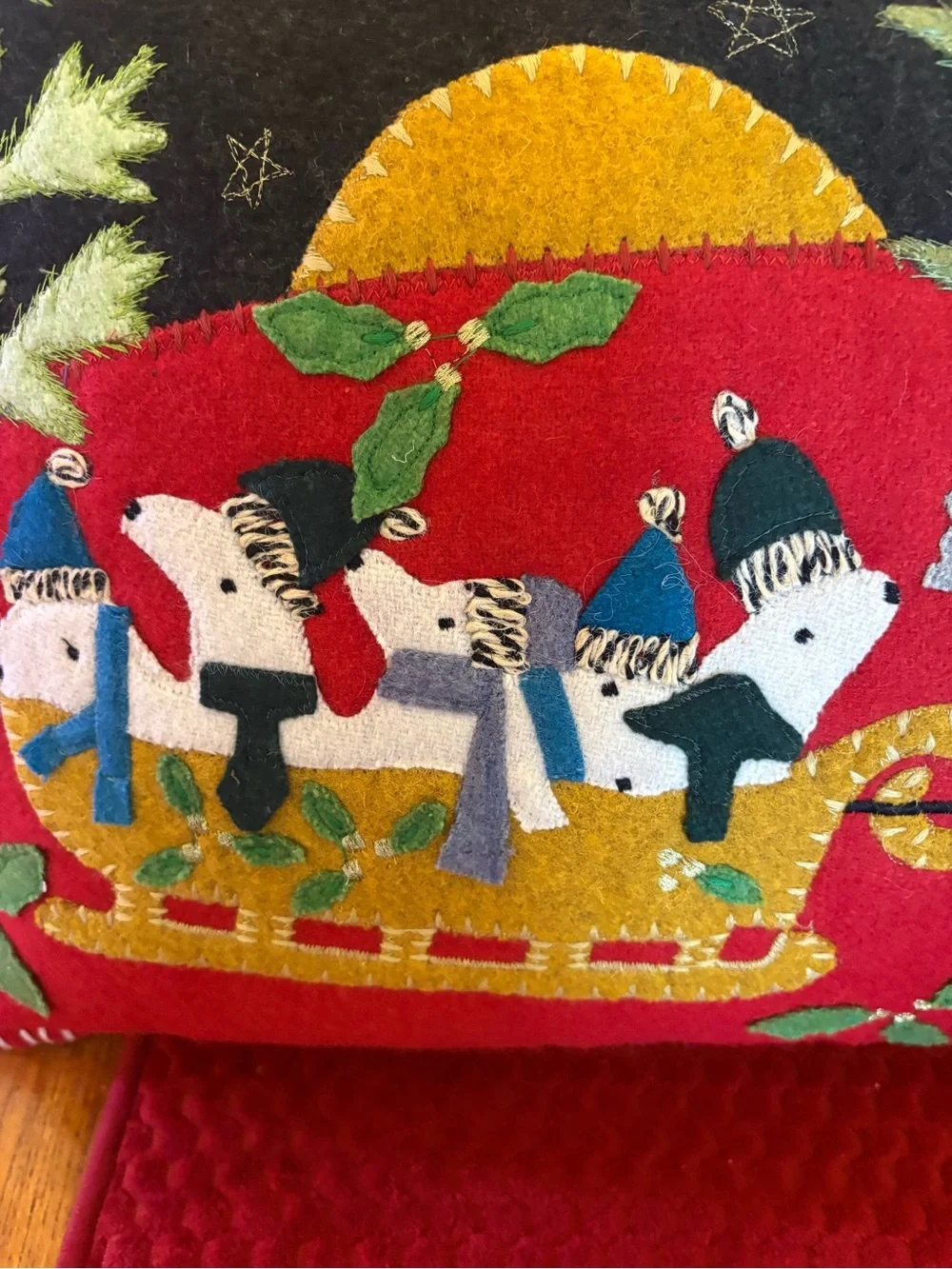 Pier 1 Imports Christmas Wool Felt Polar Bear Sleigh Throw Pillow 18” x 12” - Picture 4 of 15